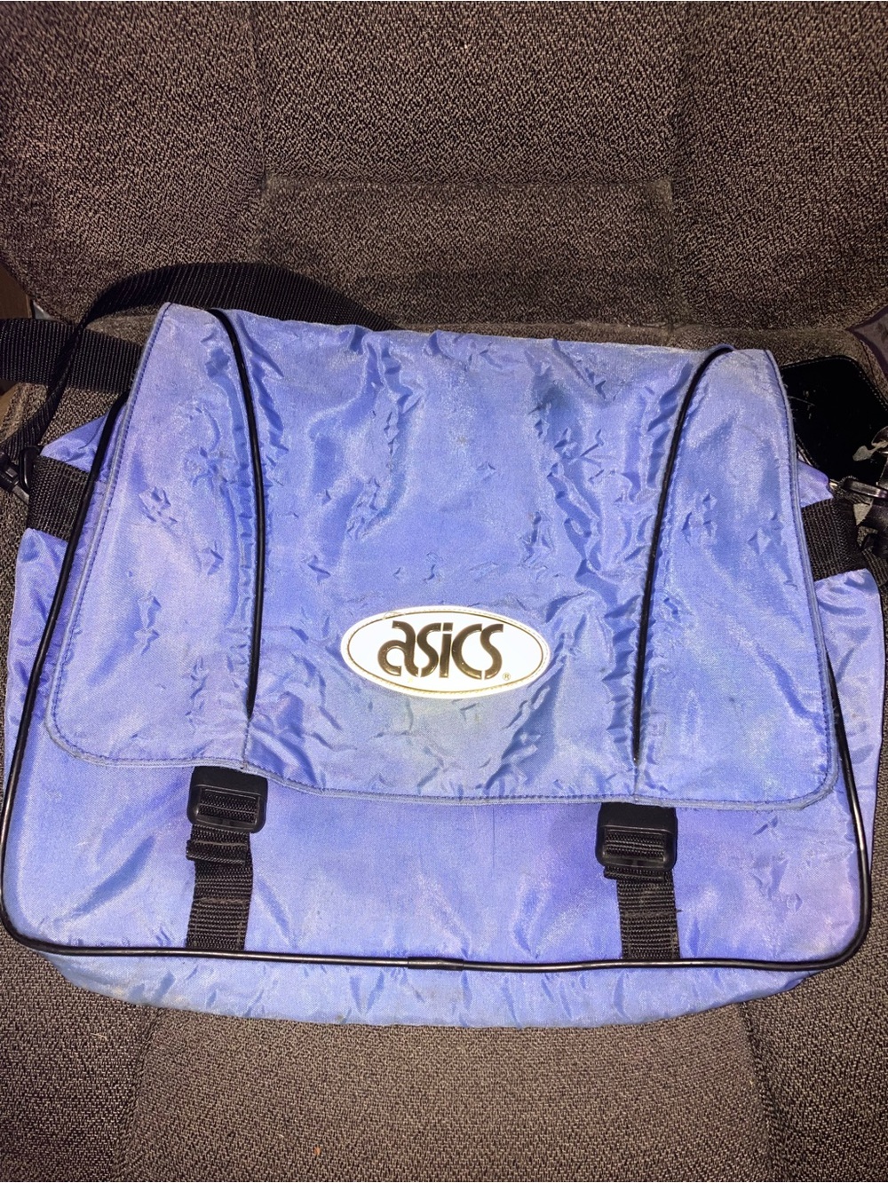 Vintage 90s Y2K ASICS Blue Tote / Computer / Record Zip Strap Over Bag